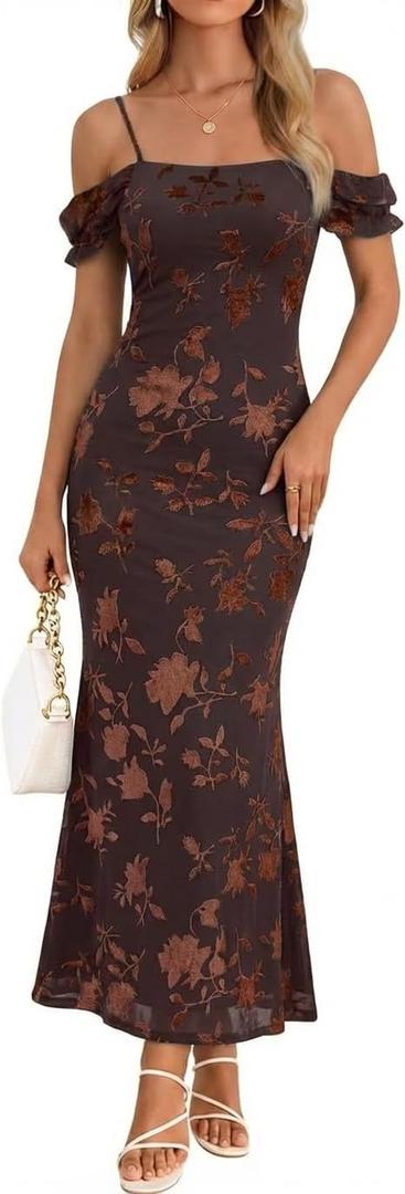 MEROKEETY Women's 2026 Summer Off The Shoulder Spaghetti Strap Floral Mesh Wedding Guest Cocktail Formal Party Maxi Dresses (Brown, M)