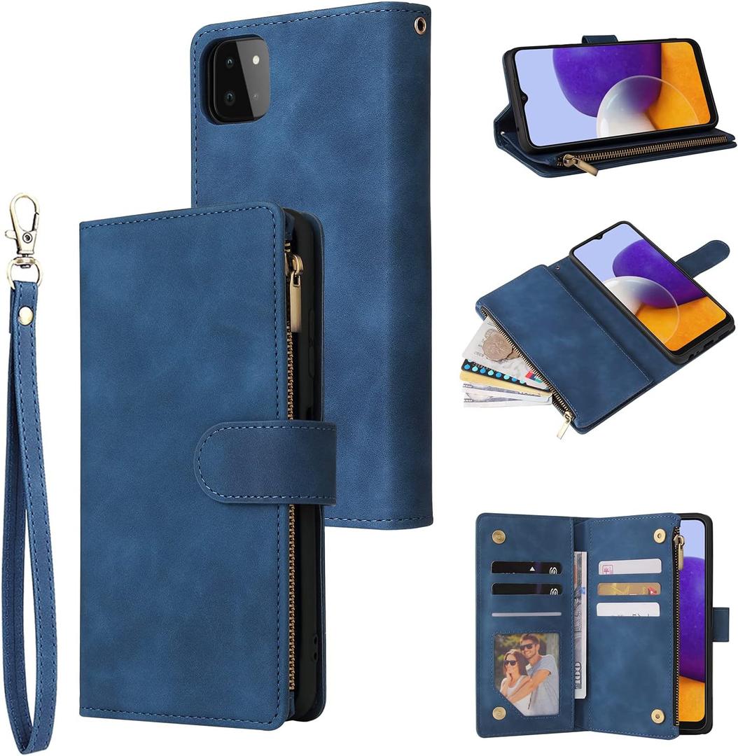 UEEBAI Wallet Case for Samsung Galaxy A22 5G, Premium Vintage PU Leather Magnetic Closure Handbag Zipper Pocket Case Kickstand Card Holder Slots with Wrist Strap TPU Shockproof Flip Cover - Blue UEEBAI Wallet Case for Samsung Galaxy A22 5G, Premium Vintage PU Leather Magnetic Closure Handbag Zipper Pocket Case Kickstand Card Holder Slots with Wrist Strap TPU Shockproof Flip Cover - Blue