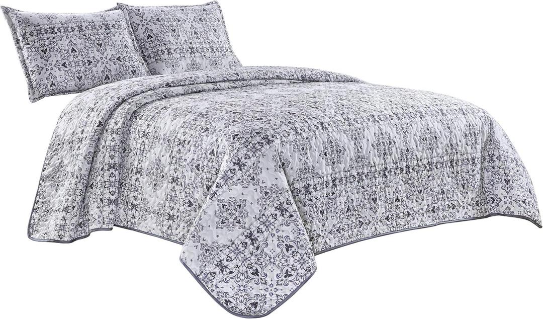3-Piece Fine Printed Oversize (115" X 95") Quilt Set Reversible Bedspread Coverlet King Size Bed Cover (White, Purple Floral)
