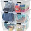 IRIS USA 54 Qt Stackable Plastic Storage Bins with Lids, 6 Pack - BPA-Free, Made in USA - See-Through Organizing Solution, Latches, Durable Nestable Containers, Secure Pull Handle - Clear (54 Qt. - 6 Pack)