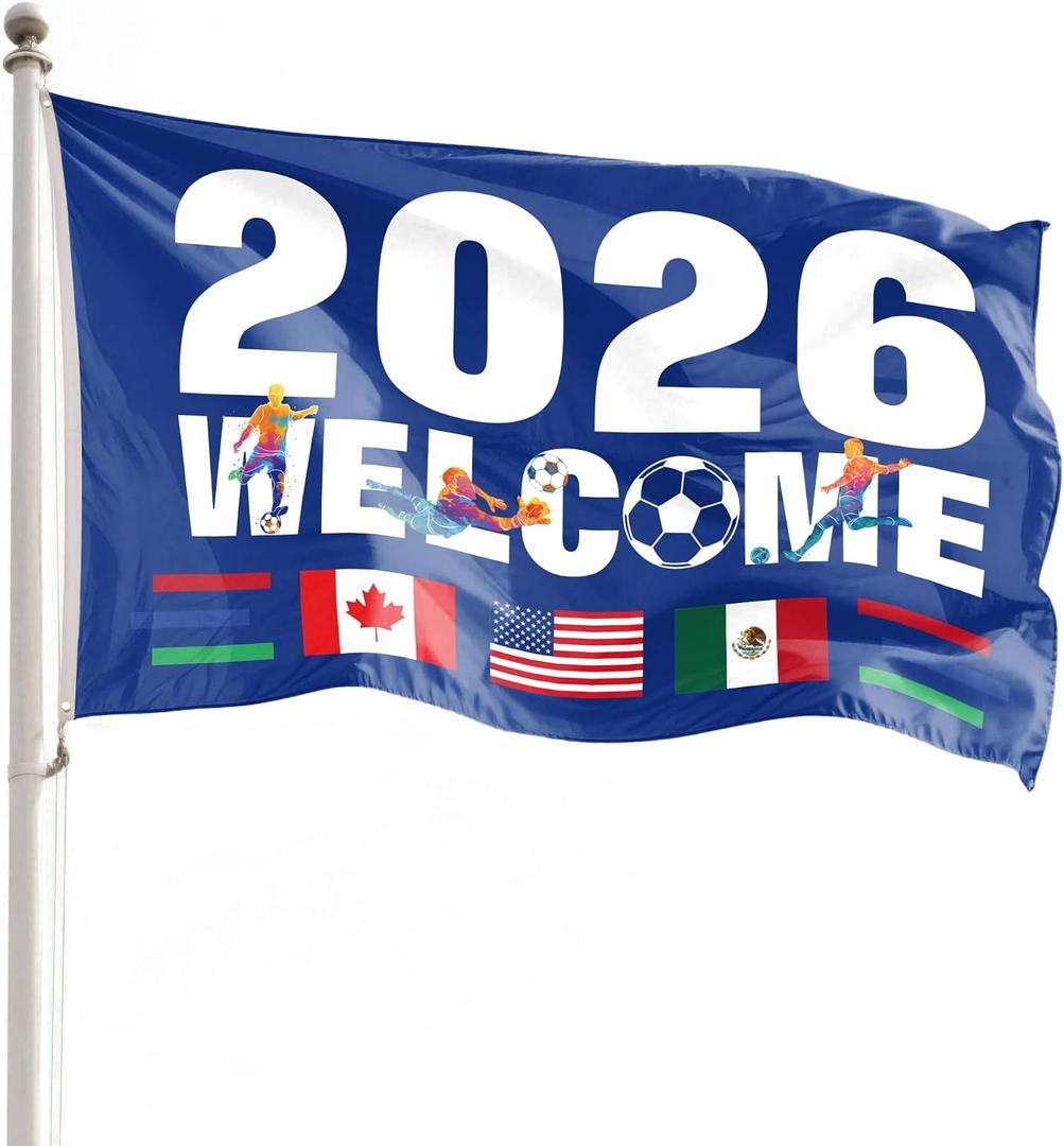 2026 Welcome World Soccer Flag Blue with Country Flag 5x3 Feet (150x90cm) Single Sided with 2 Grommets