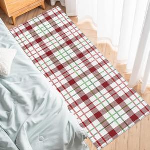 Buffalo Plaid Kitchen Rug - Xmas Green Red White Tartan Carpet Runner - Non Slip Rug for Laundry, Bedside, Bathroom, Bedroom - 15.7"X47.2