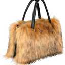 Women's Faux Fur Crossbody Tote Purse, Black Leather Handle Fluffy Fashion Shoulder Handbag (Brown)