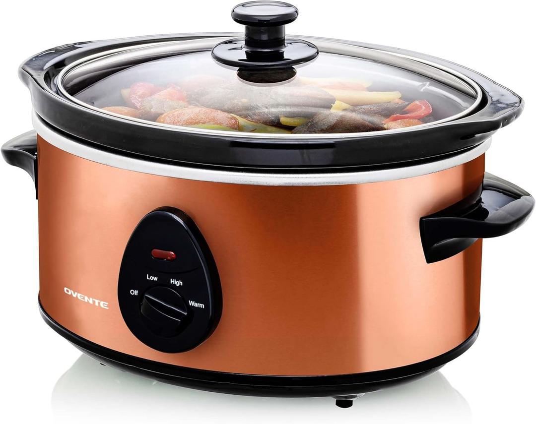 OVENTE Electric Slow Cooker with 3 Cooking Settings, Non-Stick and Dishwasher Safe Stoneware, Stainless Steel Body, Glass Lid, 3.7 Qt Oval Pot for Entrees, Soups, Sauces, Stews & Dips, Copper 