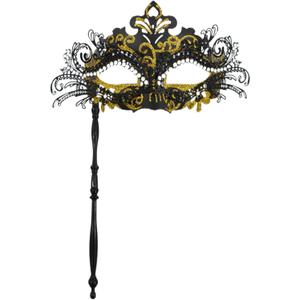 Masquerade Mask with Stick,Venetian Masks for Women Mardi Gras Decoration Carnival Costume Party (Black/Gold-2)