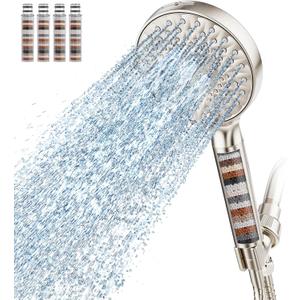 SR SUN RISE Filtered Shower Head with Handheld High Pressure 9 Spray Mode Showerhead Detachable Shower Head Water Softener Filters Beads for Hard Water Remove Chlorine 4 Filters Brushed Nickel
