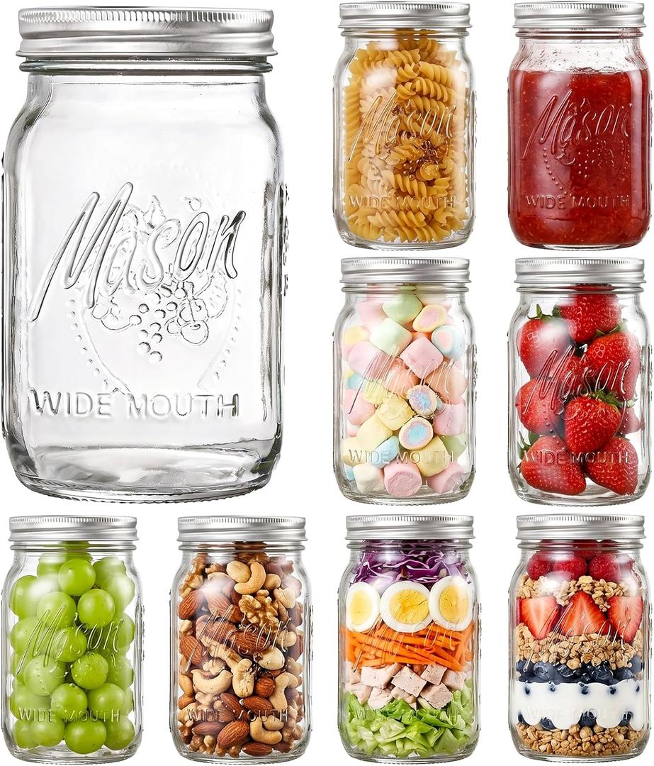 SUT Wide Mouth Mason Jars 32 oz,9 Pack Quart Mason Jars With Airtight lids and Bands,Clear Canning Jars 32 oz for Preserving,Meal Prep,Overnight Oats,Fermenting, Pickling