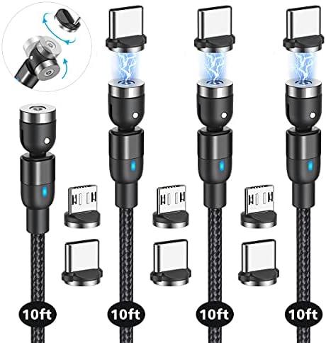 CJOY Magnetic Charging Cable Pack (3 x 10ft), 540 Rotation USB Nylon Braided Magnetic Phone Charger for Type C, Micro USB