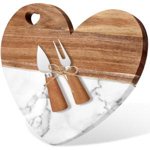 Patelai Heart Shaped Marble Charcuterie Cutting Serving Board for Women 12'' Wood and Marble Cheese Board with Cheese Utensils for Wedding Anniversary Housewarming Gifts