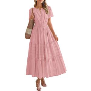 BTFBM Womens Summer 2026 Casual Midi Maxi Dresses Lightweight Short Sleeve V Neck Elastic Waist Boho Beach Dress Pockets