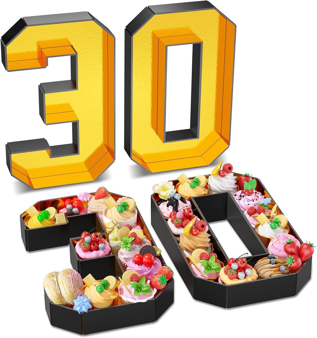 Paready 13.78'' Fillable Cardboard Number 30 Tray, Gold Black, Food Fillable Number 30 Box Flower Candy Cupcakes Container for 30th Anniversary Birthday Party Decoration