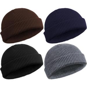 SATINIOR 4 Pieces Trawler Beanie Watch Hat Roll up Edge Skullcap Fisherman Beanie Unisex (One Size, Dark Gray, Coffee, Navy, Black)
