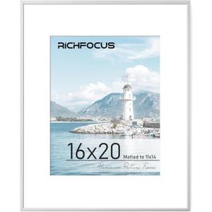 16 x 20 Picture Frame with Mat for 11x14|16x20 Frame Silver|20x16 Metal Aluminum Picture Frames for Wall with Tempered Glass Hanging Hardwares Included, Set of 1 (16x20-1P-Tempered Glass)