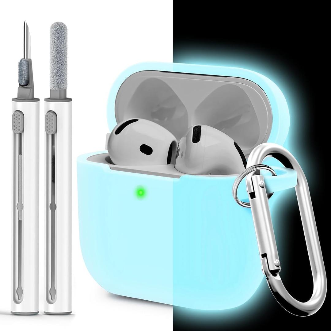for Airpods 4th Case Cover, Come with Cleaner Kit,Soft Skin Silicone Case Cover with Keychain, Front LED Visibl, Full Protective CaseCompatible with AirPods 4th(Nightglow Blue)