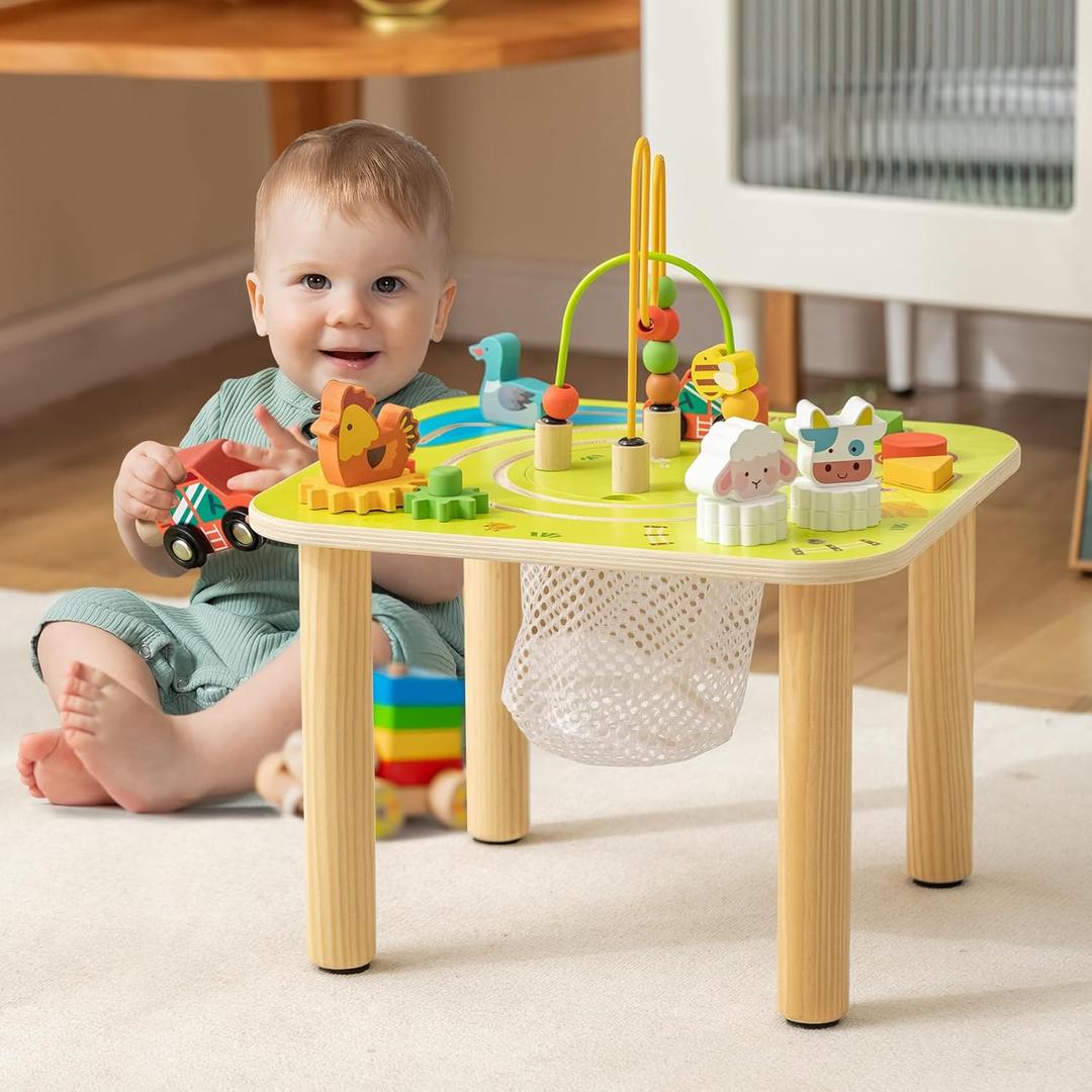 Baby Activity Table for Toddlers 1-3, 7 in 1 Wooden Montessori Activity Center Play Table with Train & Bead Maze & Sensory Toys, Early Developmental for 1+ Year Old, 1st Birthday Gifts