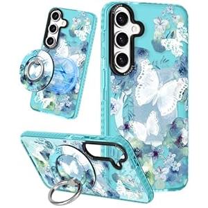 Lotadilo for Samsung Galaxy S24 Case for Women - Girls Cute Design Compatible with Magsafe Magnetic Ring Holder Stand Butterfly Phone Covers Aesthetic Girly TPU Funda for S24