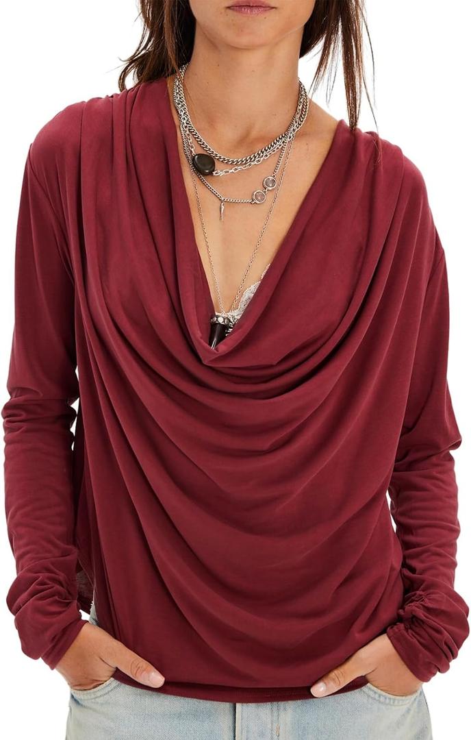 Cowl Neck Tops for Women Draped Blouses Shirt Loose Casual Dressy Top | Cotton Blend, Long Sleeve, Loose Fit, Off the Shoulder Top,Sexy, Elegant, Business Tops, Deep V Neck, Oversized (Red, M)