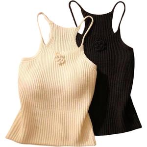 MakeMeChic Women's 2 Pack Crochet Cami Tops 3D Floral Rib Knitted Y2K Camisoles (M)