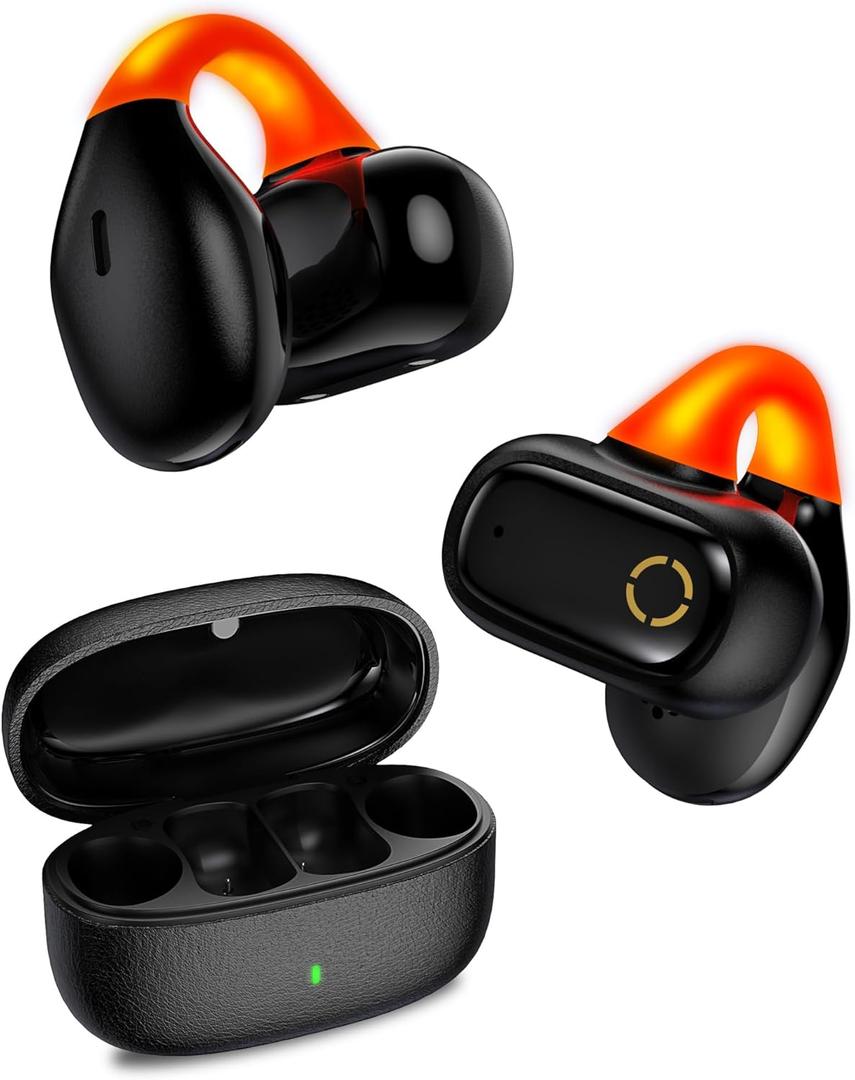 Jiunai Wireless Earbuds for iPhone 17 16 True Bluetooth 5.3 Headphones Bone Conduction Headphones Flash Light Bud Sweatproof Clip On Earphones for Samsung S25 Pixel Run Travel Gym Black Orange