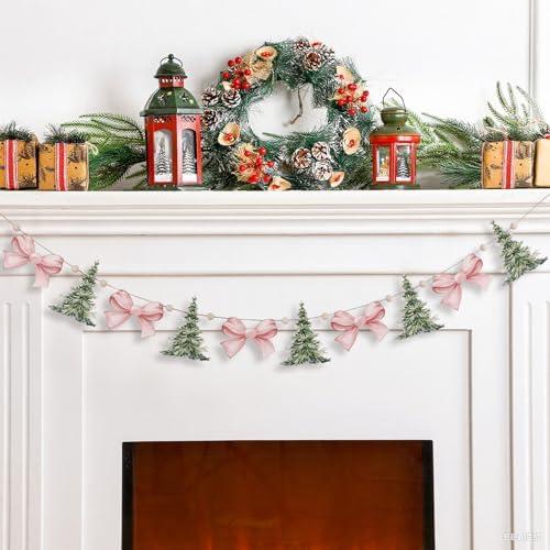 Cinnvoice Christmas Tree and Bow Wooden Beads Garland Pink and Green Rustic Country Decor 8.2 ft Farmhouse Wood Banner Cute Hanging Ornaments Party Sign Decor for Festive Home Mantel Fireplace Window