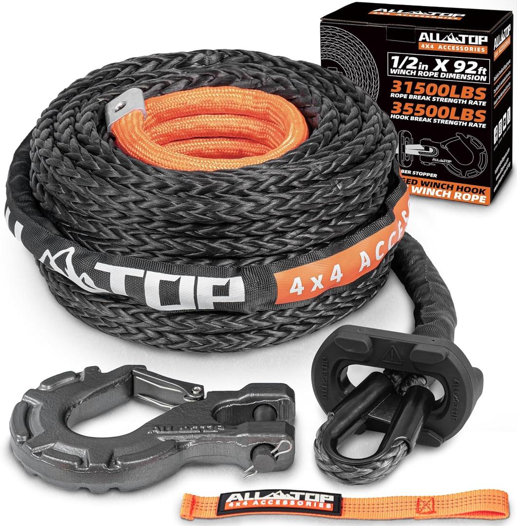 ALL-TOP Synthetic Winch Rope w/Hook & Isolator, 1/2in x 92ft, 31500Lbs UHMWPE Cable Replace Kit, Forged Hook & Rubber Stopper & Safety Pull Strap