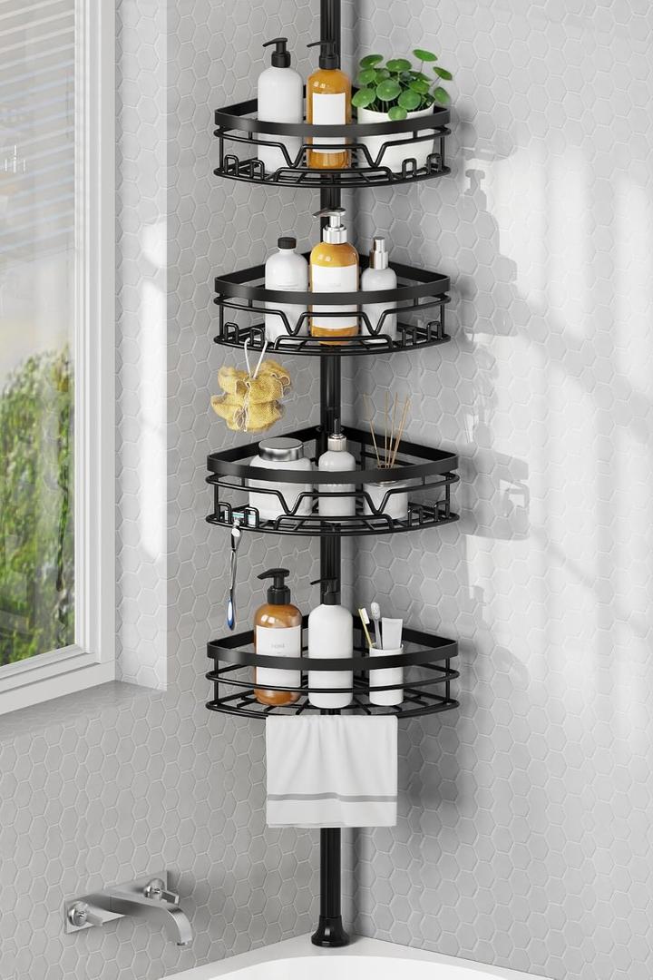 KEGII Corner Shower Caddy Tension Pole, Large Capacity 4-Tier Shower Organizer with Towel Bar, Adjustable 52-114.2 Inch No-Drill Rustproof Bathroom Corner Shelf with Hooks & Razor Holder, Black