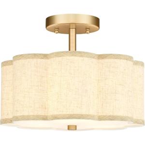 Gold Semi Flush Mount Ceiling Lights, 3-Light 12.5" Light Fixtures Ceiling Mount with Linen Fabric Drum Shade in Flower Shape for Nursery Hallway Bedroom Kitchen, AD-22007-3SF-GD-B