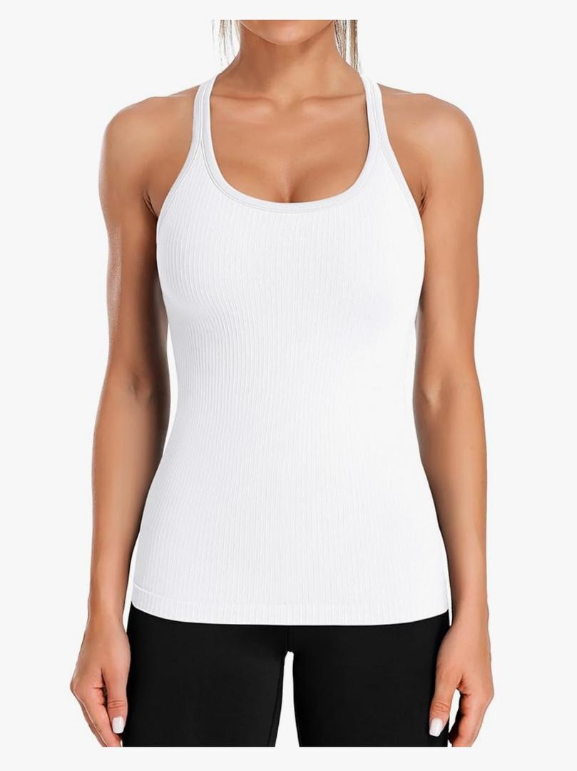 ATTRACO Ribbed Workout Tank Tops for Women with Built in Bra Tight Racerback Scoop Neck Athletic Top, M