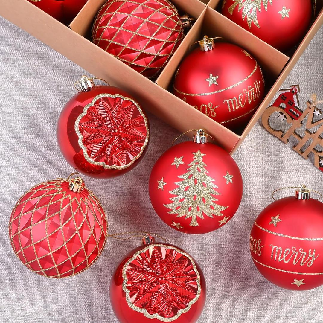 SHareconn 100MM/4 Inch 8PCS Large Christmas Balls Ornaments, Shatterproof Plastic Hanging Big Baubles Set for Xmas Tree Decoration Holiday Party Wedding Decorations with Hook, Red
