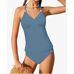 NECIOUS Teen Swimsuits for Girls SIZE 15-16 Two Piece Teen Bathing Suits Girls Tankini Set Blue Halterneck Ruched Cute V-Neck Swimwear,