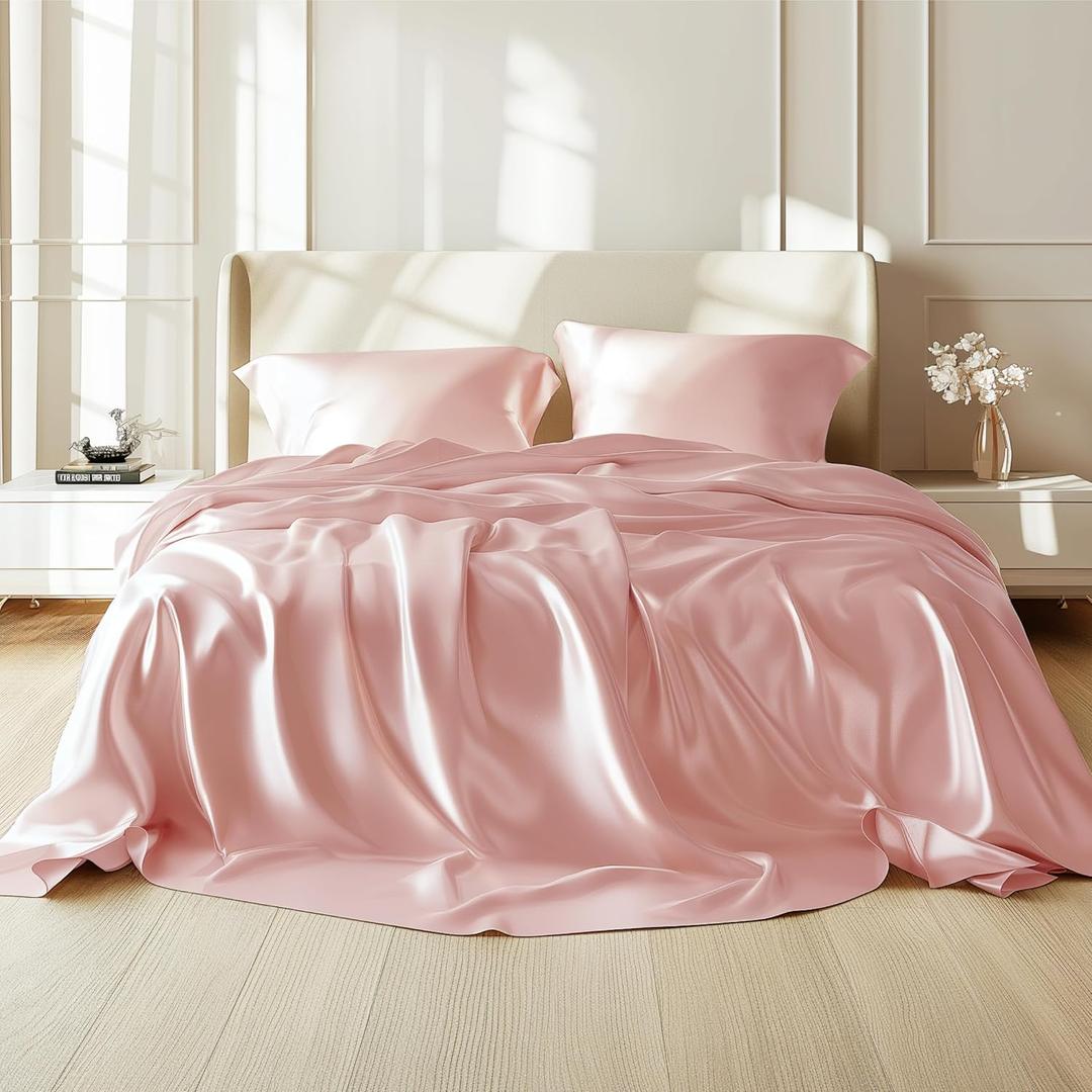 Bedsure Pink Satin Sheets King Size - 4 Piece Silky Bedsheets with 15 Inches Deep Pocket Fitted Bedsheet, 1 Flat Sheet, 2 Satin Pillowcases, Good for Hair & Skin (King, Peach Pink)