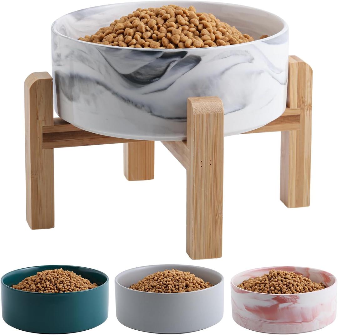 Elevated Dog Bowl Ceramic for Small Medium Sized Breed,Raised Dog Food Water Bowl with Stand,6 in 3.6 Cups Non Slip Pet Dish Heavy Weighted Marble Grey