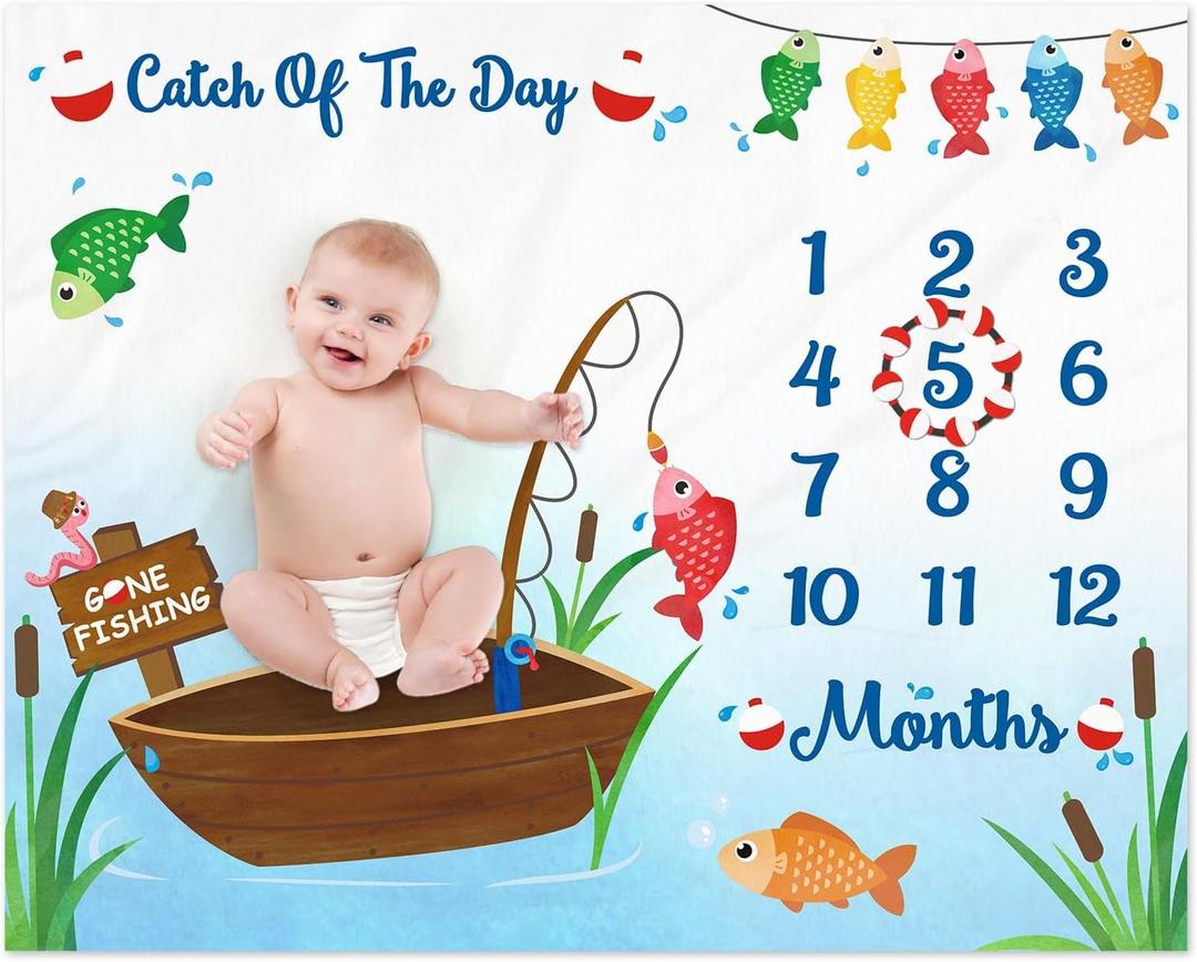 Gone Fishing Baby Monthly Milestone Blanket Little Fisherman Bobber Photo Prop Ideas for Newborn Boy & Girl Nursery Dcor (40" X 50")