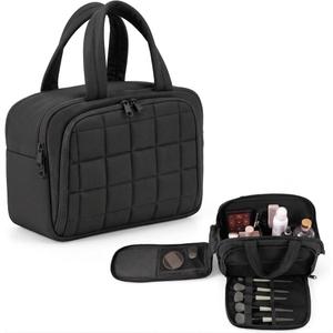 Huhumy Travel Toiletry Bag, Puffy Checkered Makeup Bag for Women, Large Quilted Wide-open Lightweight Cosmetic Organizer with Handle for Accessories, Essentials, Toiletries (Black)