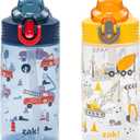 Zak Designs Sage Kids Water Bottle For School or Travel, 16oz Durable Plastic Water Bottle With Straw, Handle, and Leak-Proof, Pop-Up Spout Cover, 2-Pack Set (Construction and Rescue)