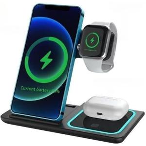 3-in-1 Wireless Charging Station Fast Wireless Charger for iPhone, Apple Watch & AirPods Foldable Charger Stand with Night Light 15W Qi Certified Charger Dock Type-C Cable Included