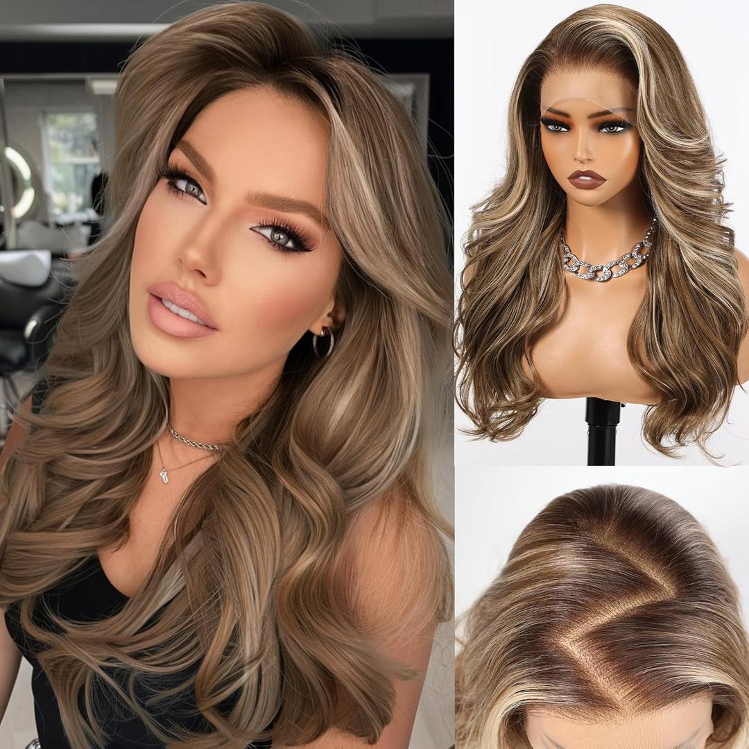 HAIRCUBE 13x6 HD Synthetic Lace Front Wig, 24 Inch Brown Highlight Long Curly Layered Wigs, Natural Density Hairline Glueless Wigs for Women Daily Use