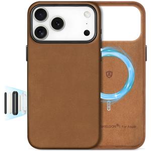 SHIELDON Case for iPhone 17 Pro Max 6.9" 2025 | Top Grain Crazy Horse Leather, Compatible with Magsafe, [Camera Button Updated], Magnetic Wireless Charging Non-Slip Comfort Grip, Metal Buttons - Brown