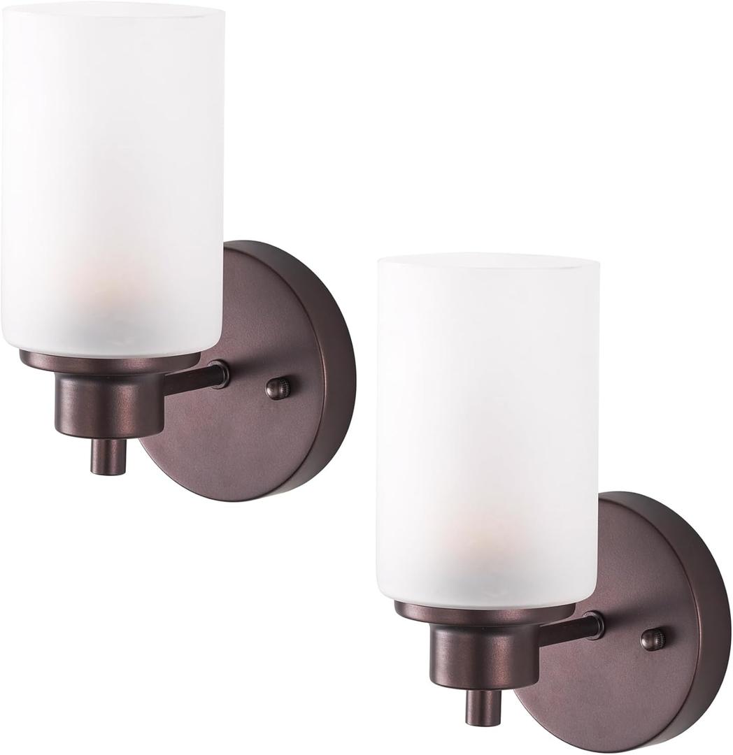 2 Pack Bath Vanity Light Fixtures, Indoor Wall Sconces Light with White Frosted Glass Shade, Farmhouse Stylish Bathroom Wall Mounted Lighting for Bedroom Living Room, Porch, Kitchen, Oil Rubbed Bronze