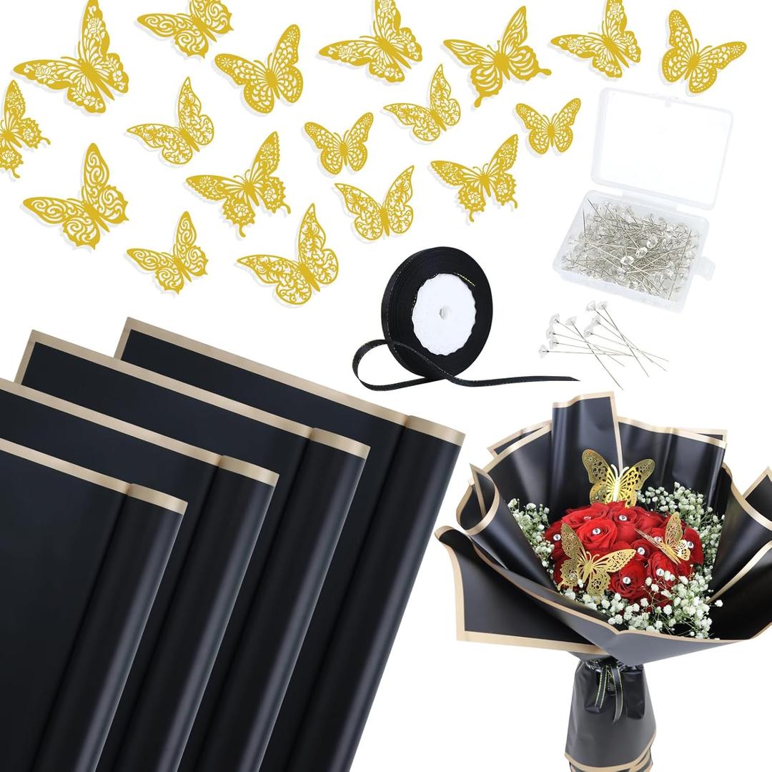 VIVIFun 20 Sheets Flower Wrapping Paper, Waterproof Floral Bouquet Wrapping Paper, Florist Supplies with 36 Gold Butterflies, 100 Diamond Pins, Satin Ribbon for Wedding Birthday Gift Packaging, Black