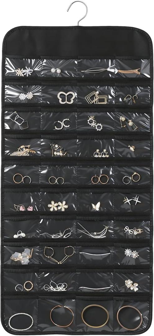 Black Hanging Jewelry Organizer, 80 Pockets Double-Sided, Wall Door Closet Storage for Earrings Necklaces Rings