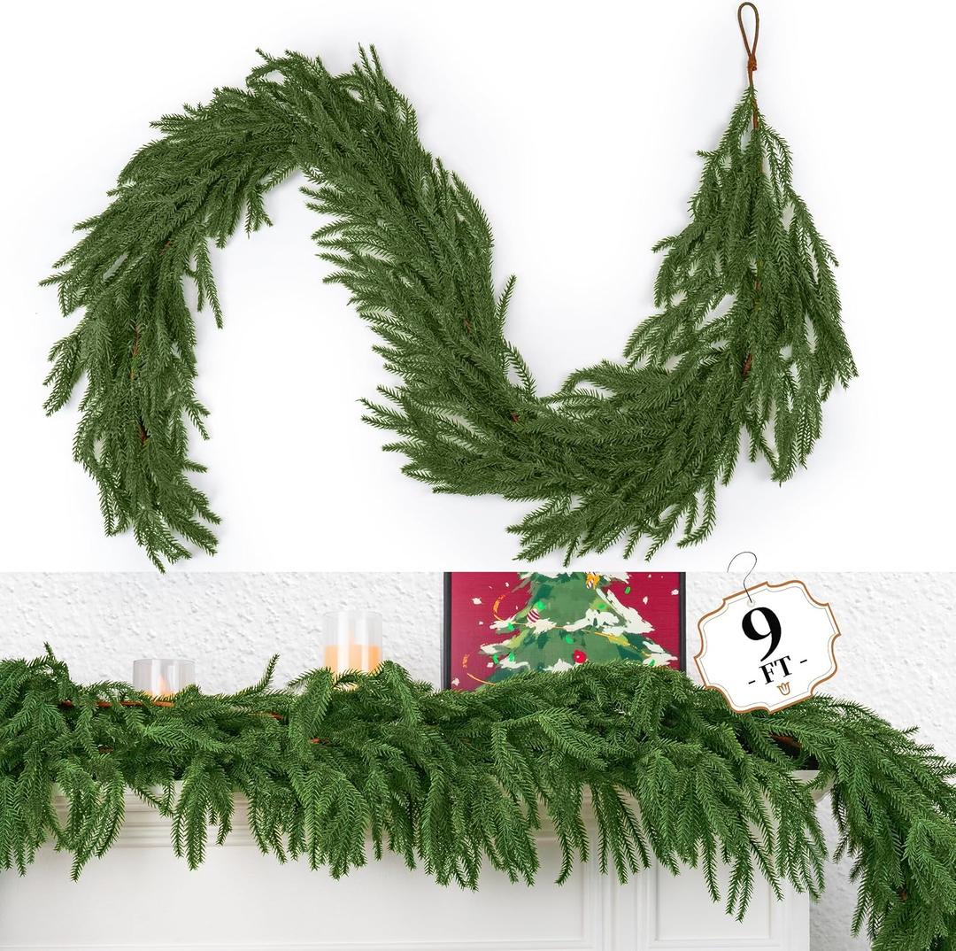 9 Ft Christmas Norfolk Pine Garland, Christmas Garland for Christmas Decorations- 100 Branches Greenery Garland for Holiday, Fireplace, Mantle, Window, Stairs, Indoor, Outdoor Decor