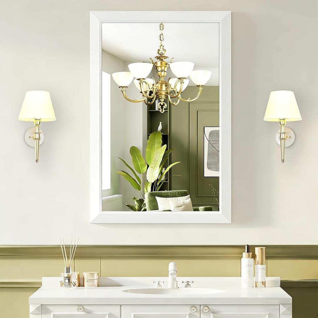 Bathroom Mirror for Over Sink,24x36Inch White Thick Anti-Rust Metal Frame, Rectangle Decorative Wall Mirror with HD Tempered Glass, Horizontal or Vertical Mount for Vanity, Bathroom,Living Room
