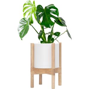D'vine Dev Planter Pot with Stand - 8 Inch Plastic Cylinder Flower Pot with Wood Planter Holder for Indoor, Matte White Pot + Natural Stand, 55-C-J-1