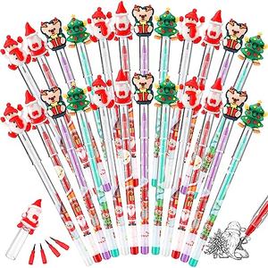 Yexiya 24 Pcs Christmas Stackable Pencils Bulk, Christmas Cute Fun Pencils Bulk with Xmas Tree Santa Snowman Reindeer Topper for Gifts Rewards Favors Prize Stuffers