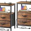 Huuger Nightstands Set of 2, End Tables with Charging Station, Fabric Drawers, Bedside Tables with USB Ports and Outlets, Night Stands for Bedroom, Rustic Brown