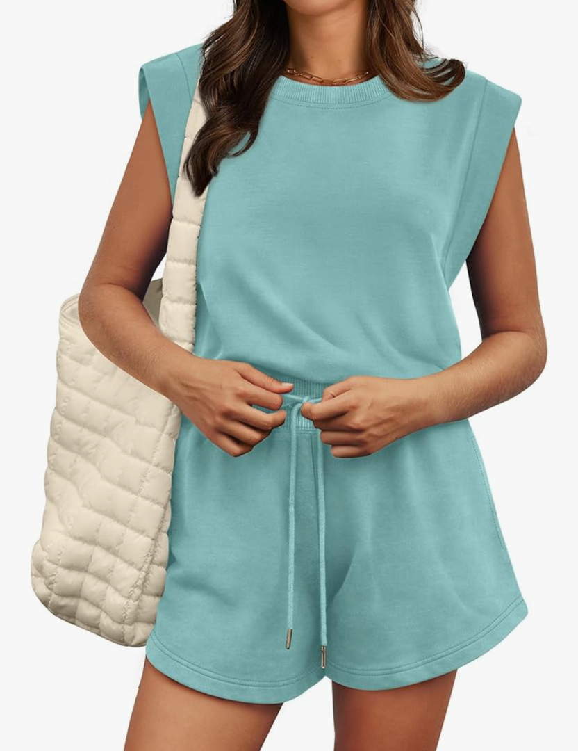 OFEEFAN Rompers for Women Summer Cap Sleeve Adjustable Drawstring Waistband Crewneck Casual Outfits with Pockets, L
