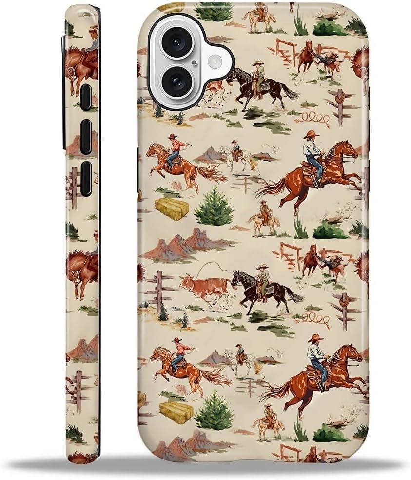 Compatible with iPhone 16 Case - Dual-Layer Protection, Hard Shell with Silicone Interior, Slim Scratch Resistant Shockproof for Woman Men - Retro Western Cowboy