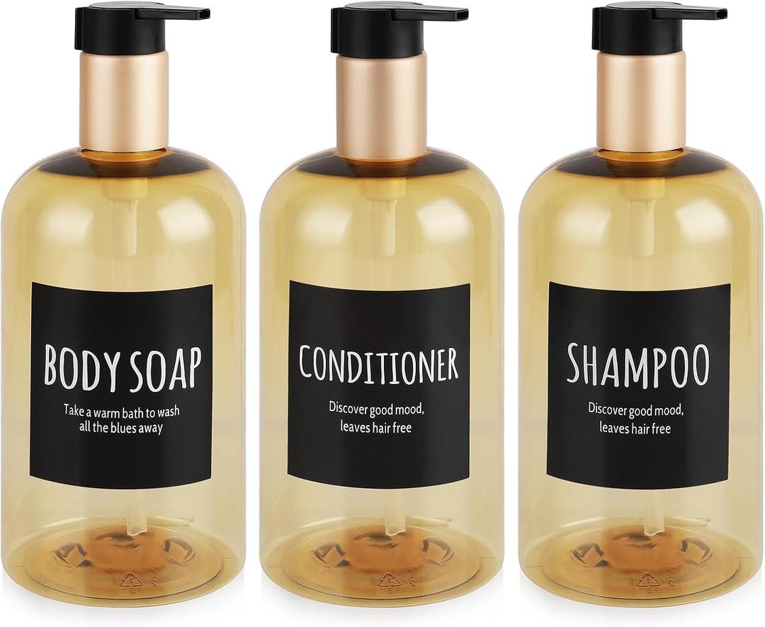 Plastic Press Shampoo and Conditioner Dispenser Set of 3,Refillable 16.9oz Shampoo Bottles Shower Soap Dispenser with Waterproof Labels for Bathroom (Amber Gold)