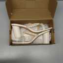 Womens Chunky Heeled Sandals Pearl Strappy Open Square Toe Slip-on Block Heels Backless Mules Shoes (11, White)